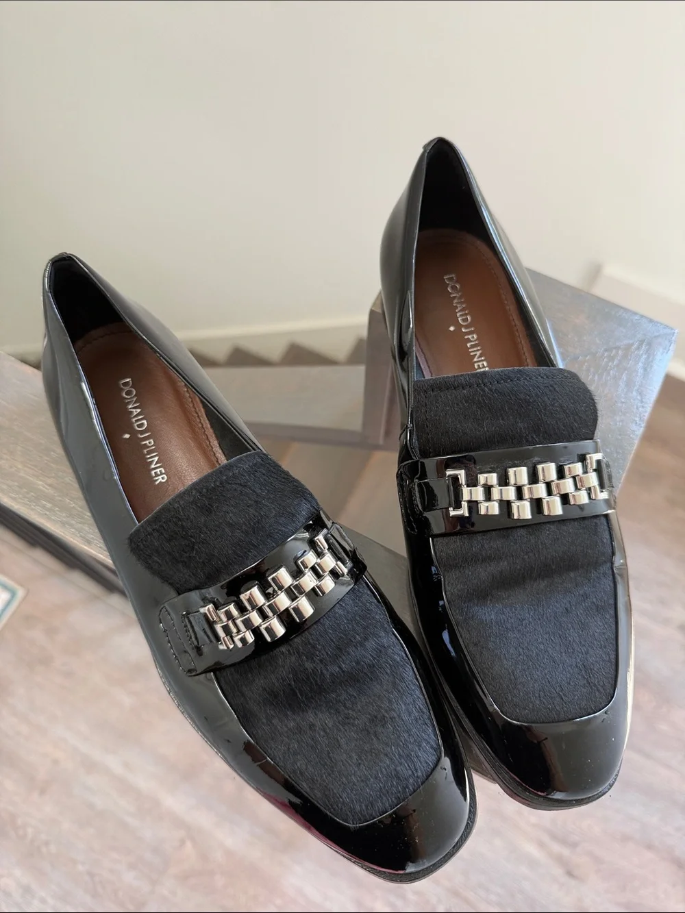 Donald J. Pliner Black Patent & Haircalf Loafers with Silver Chain